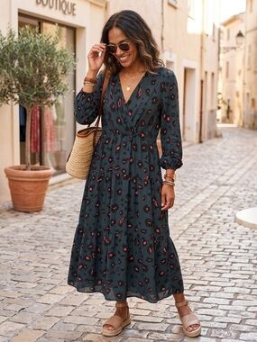 Dark Green Maxi Dress with Rust Spot Print